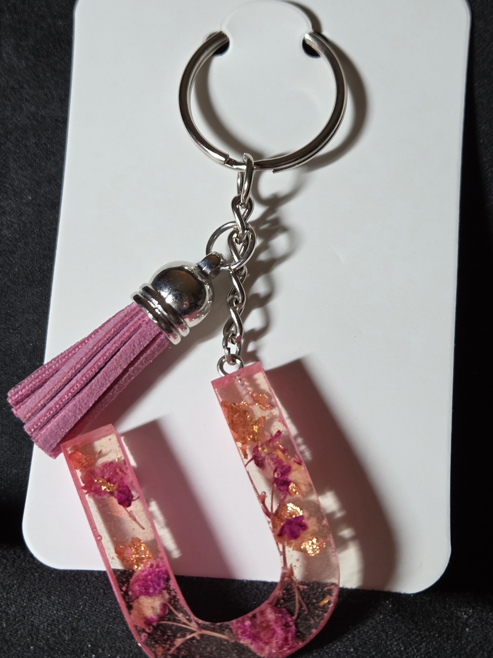 Pink Floral Resin U-Shaped Key & Card Holder with Tassel